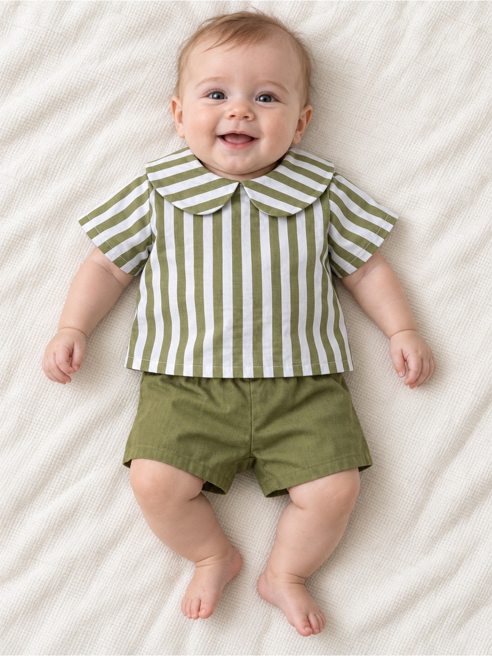 Edgehill Collection Baby Boy Set Green Stripe Peter Pan Collar Shorts 6M NWT